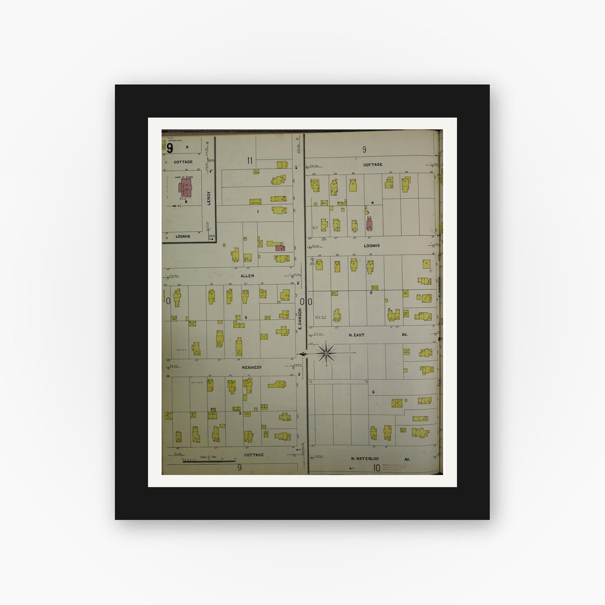 Old map wall art mockup — black gallery frame with white mat — Sanborn Fire Insurance Map from Jackson, Jackson County, Michigan (1907), Sheet #0009