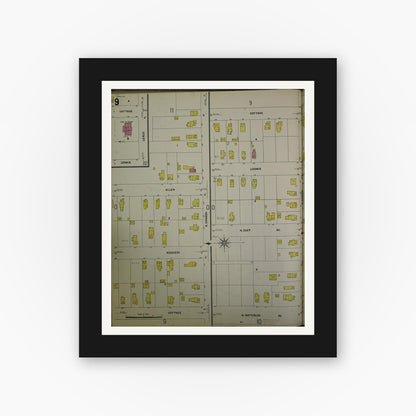 Old map wall art mockup — black gallery frame with white mat — Sanborn Fire Insurance Map from Jackson, Jackson County, Michigan (1907), Sheet #0009
