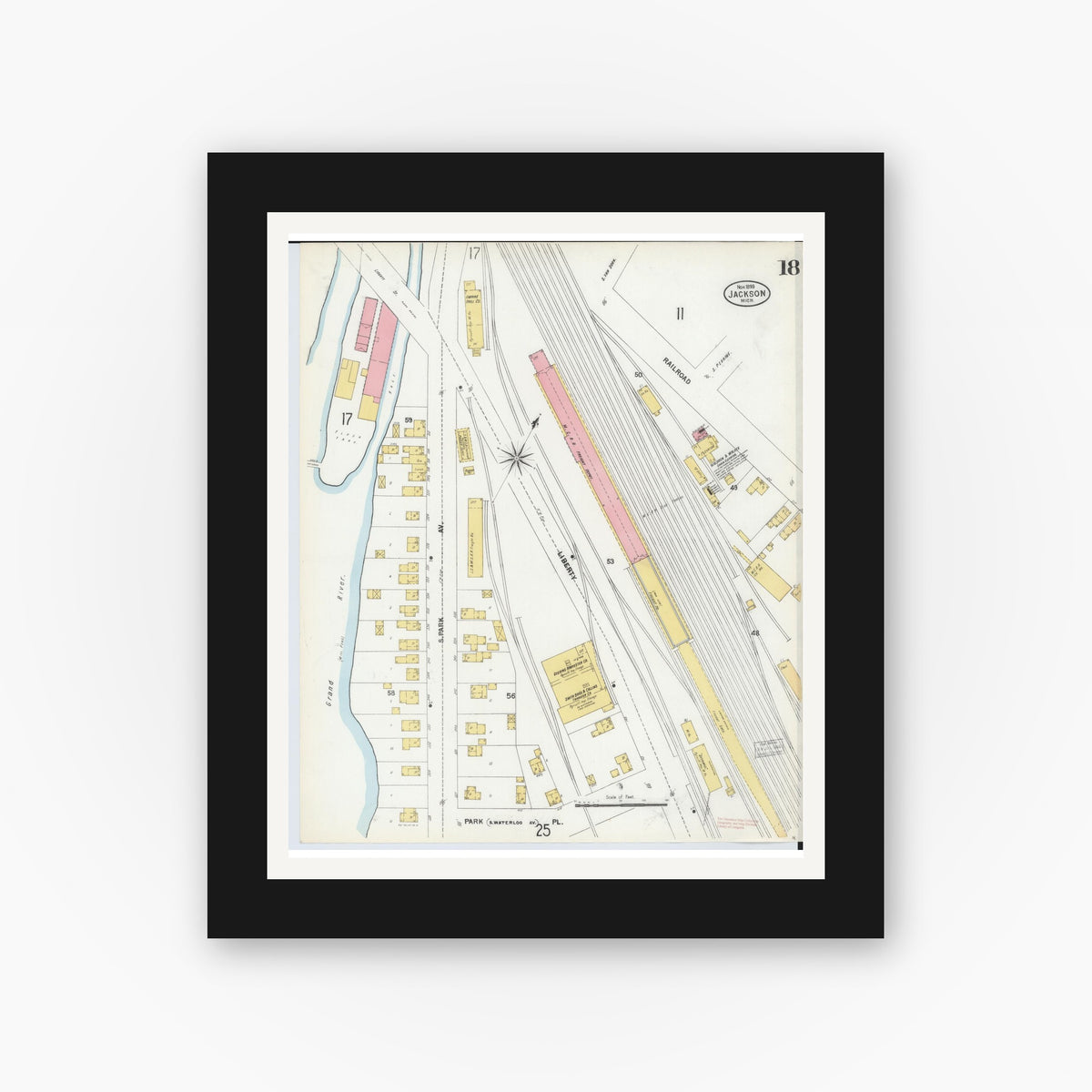 Old map wall art mockup — black gallery frame with white mat — Sanborn Fire Insurance Map from Jackson, Jackson County, Michigan (1899), Sheet #0018
