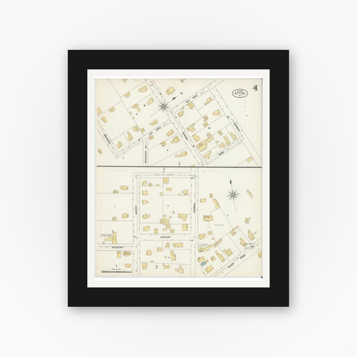Old map wall art mockup — black gallery frame with white mat — Sanborn Fire Insurance Map from Afton, Chenango County, New York (1903), Sheet #0004