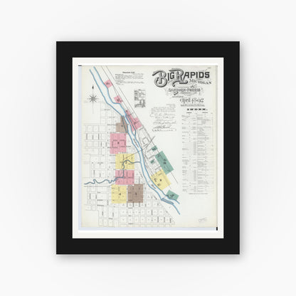 Old map wall art mockup — black gallery frame with white mat — Sanborn Fire Insurance Map from Big Rapids, Mecosta County, Michigan (1892) - Complete Map Set