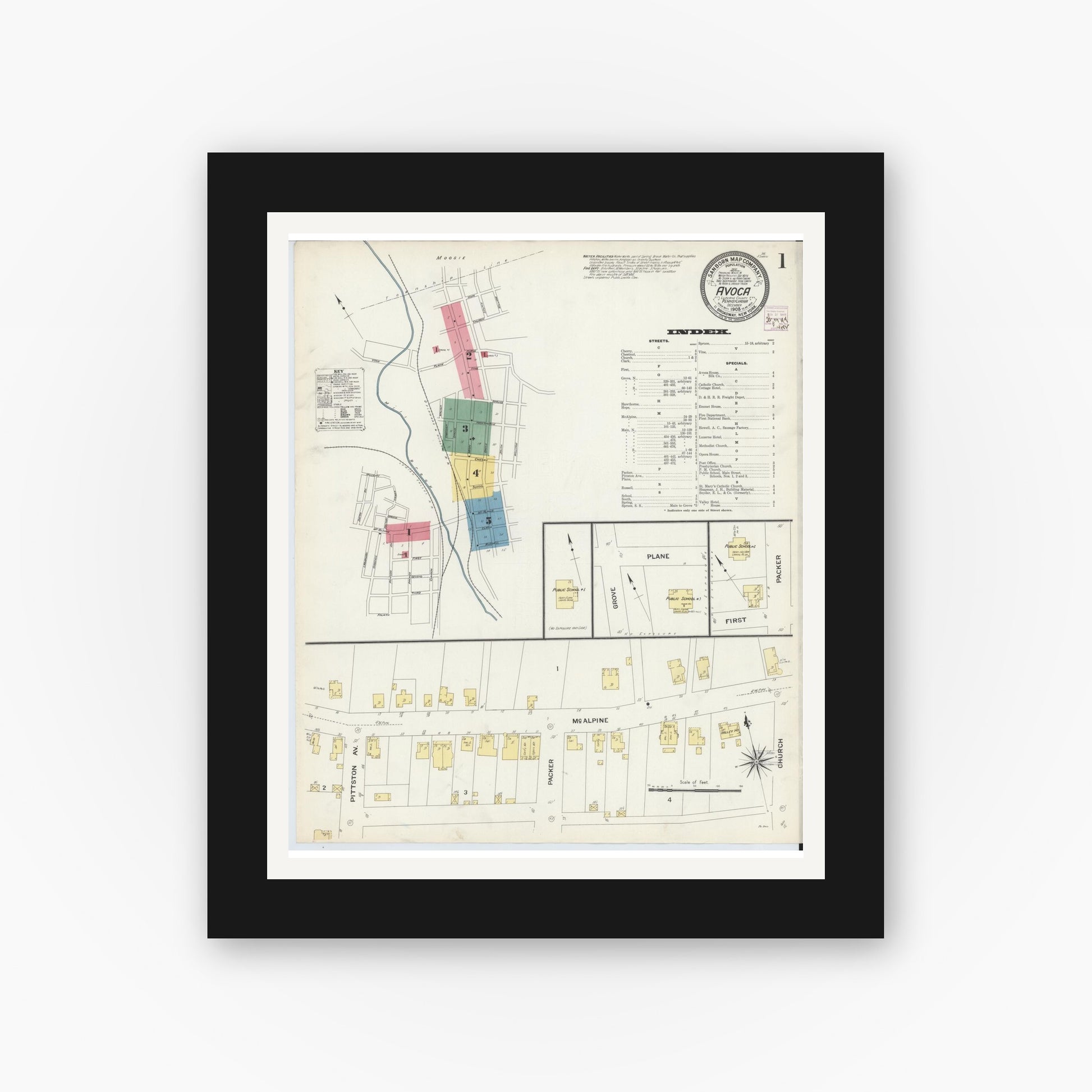 Old map wall art mockup — black gallery frame with white mat — Sanborn Fire Insurance Map from Avoca, Luzerne County, Pennsylvania (1908) - Complete Map Set