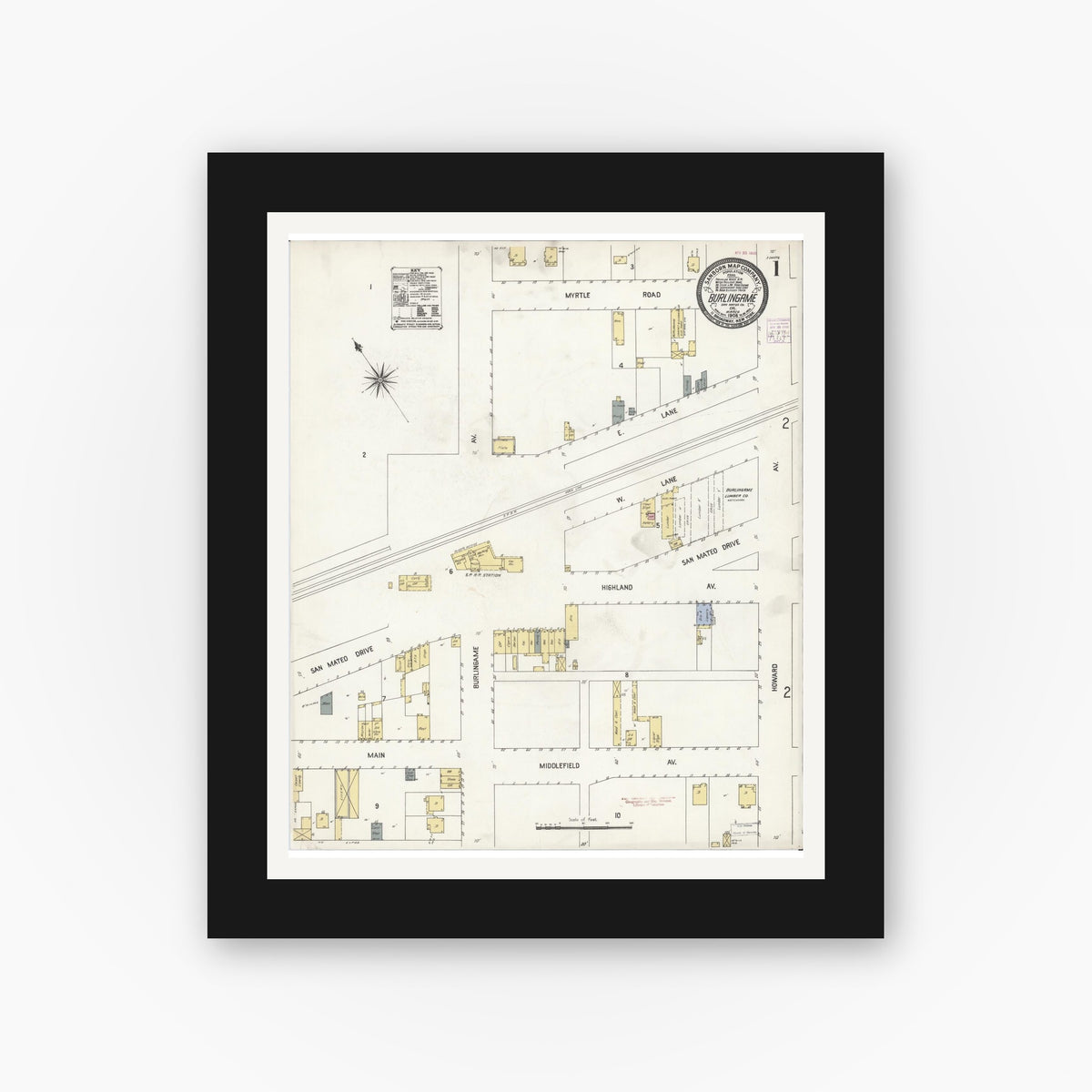 Old map wall art mockup — black gallery frame with white mat — Sanborn Fire Insurance Map from Burlingame, San Mateo County, California (1908) - Complete Map Set