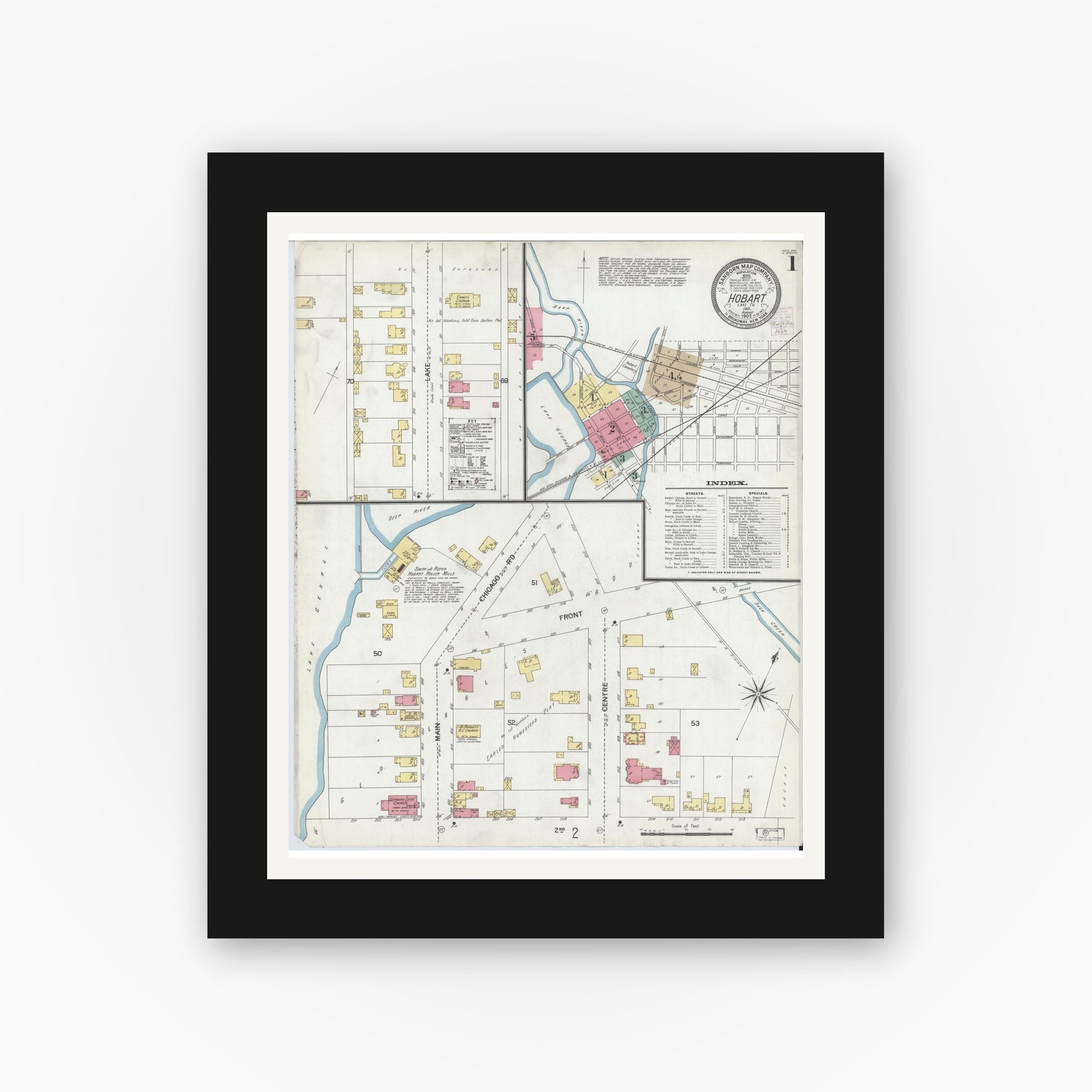 Old map wall art mockup — black gallery frame with white mat — Sanborn Fire Insurance Map from Hobart, Lake County, Indiana (1902) - Complete Map Set