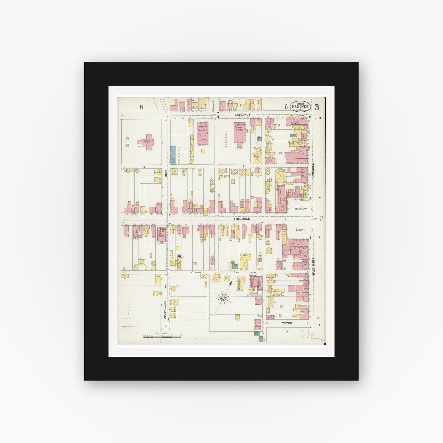 Old map wall art mockup — black gallery frame with white mat — Sanborn Fire Insurance Map from Hanover, York County, Pennsylvania (1902), Sheet #0005