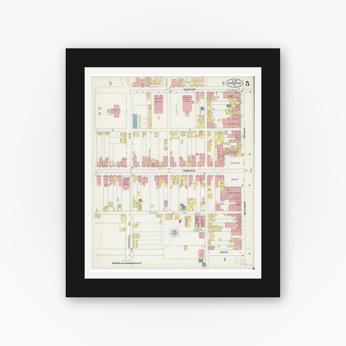 Old map wall art mockup — black gallery frame with white mat — Sanborn Fire Insurance Map from Hanover, York County, Pennsylvania (1902), Sheet #0005