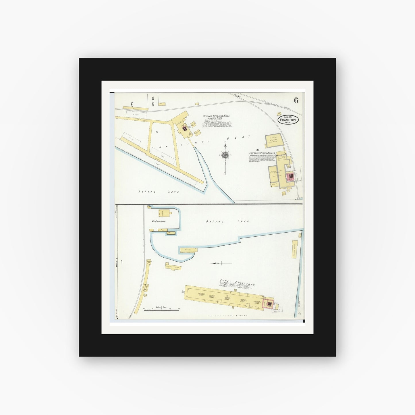 Old map wall art mockup — black gallery frame with white mat — Sanborn Fire Insurance Map from Frankfort, Benzie County, Michigan (1911), Sheet #0006