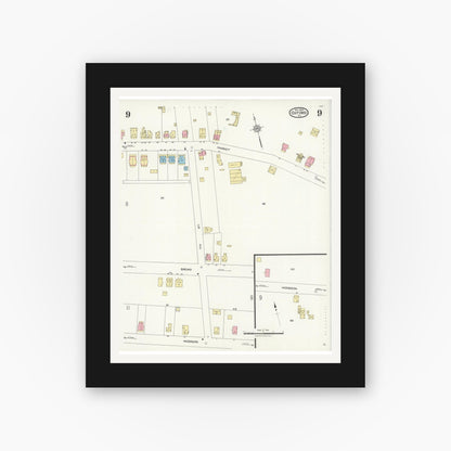 Old map wall art mockup — black gallery frame with white mat — Sanborn Fire Insurance Map from Oxford, Chester County, Pennsylvania (1924), Sheet #0009