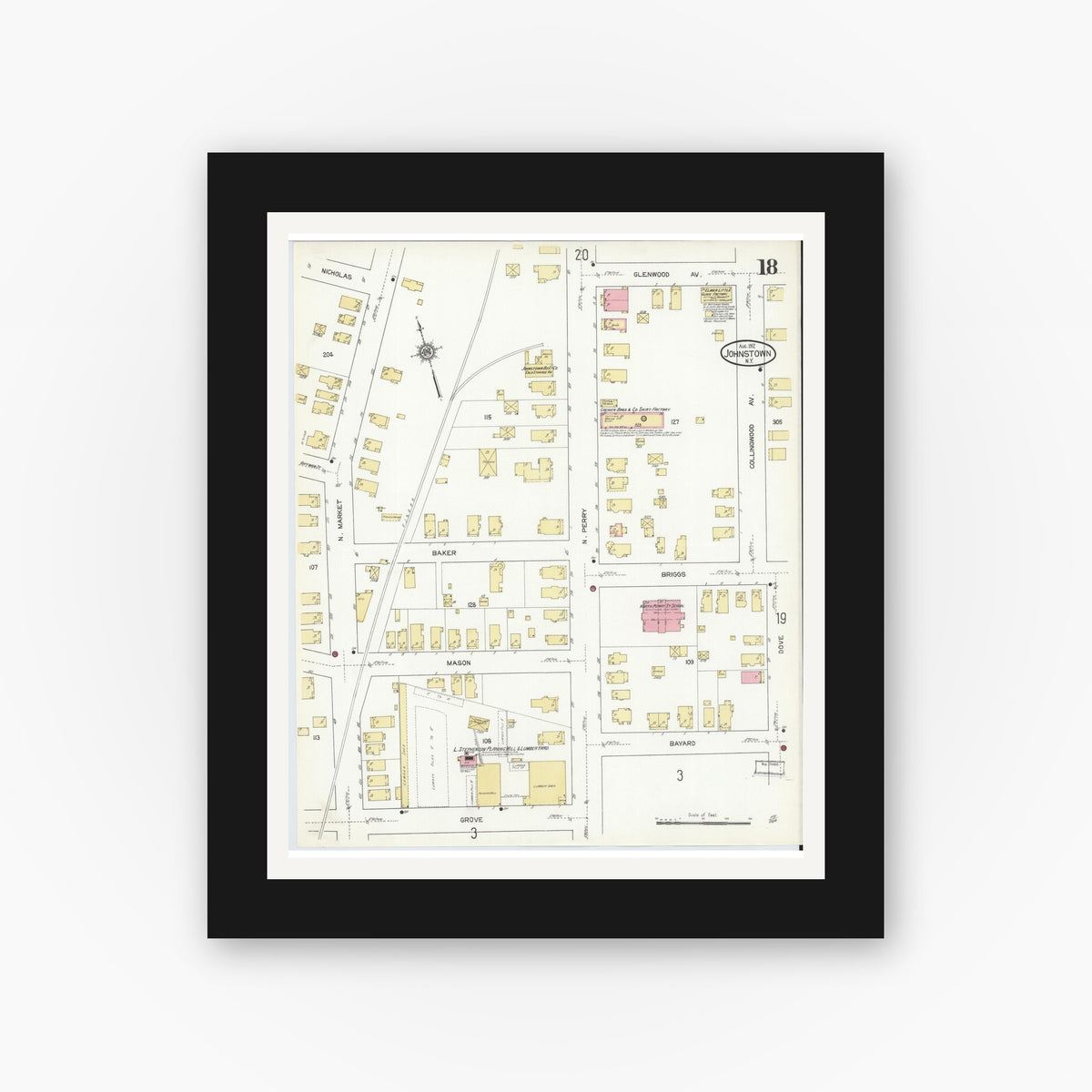 Old map wall art mockup — black gallery frame with white mat — Sanborn Fire Insurance Map from Johnstown, Fulton County, New York (1912), Sheet #0018