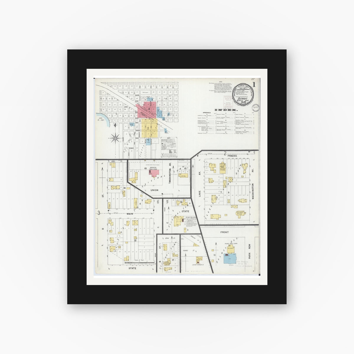 Old map wall art mockup — black gallery frame with white mat — Sanborn Fire Insurance Map from Detroit Lakes, Becker County, Minnesota (1899), Sheet #0001