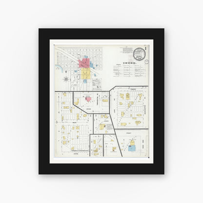 Old map wall art mockup — black gallery frame with white mat — Sanborn Fire Insurance Map from Detroit Lakes, Becker County, Minnesota (1899), Sheet #0001