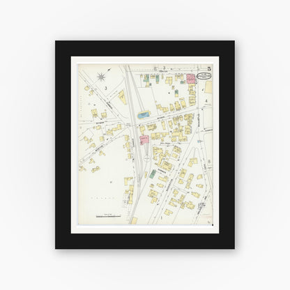 Old map wall art mockup — black gallery frame with white mat — Sanborn Fire Insurance Map from Stoughton, Norfolk County, Massachusetts (1896), Sheet #0005