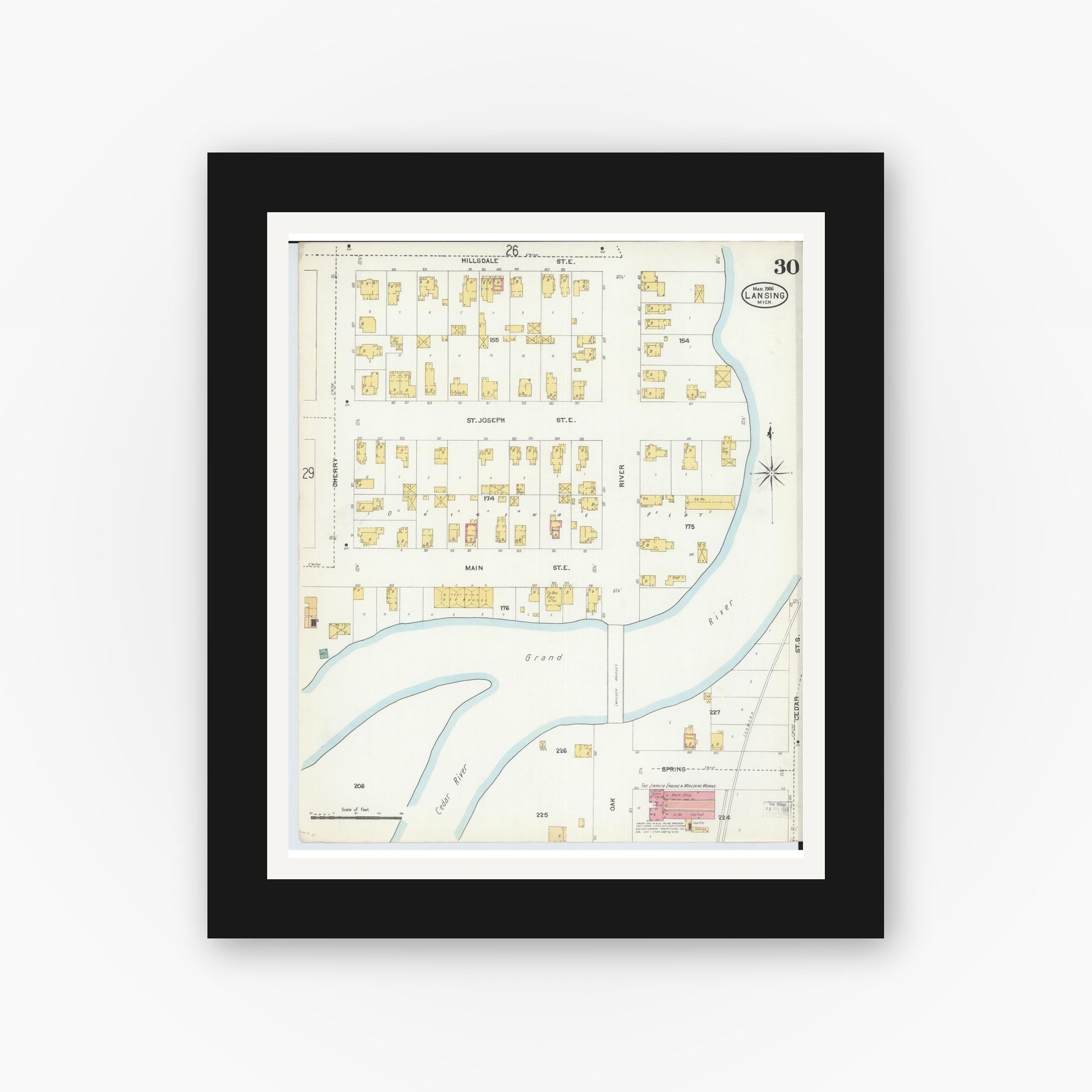 Old map wall art mockup — black gallery frame with white mat — Sanborn Fire Insurance Map from Lansing, Ingham County, Michigan (1906), Sheet #0030