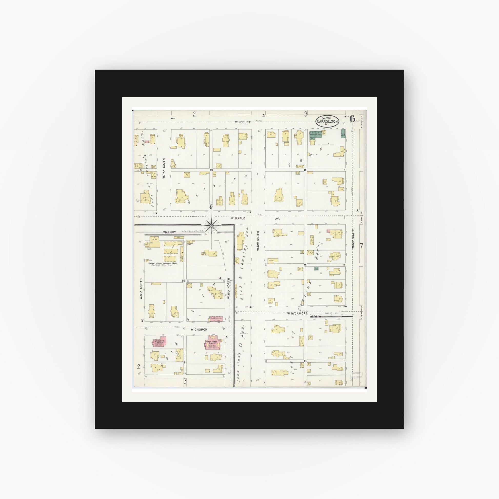 Old map wall art mockup — black gallery frame with white mat — Sanborn Fire Insurance Map from Carrollton, Greene County, Illinois (1906), Sheet #0006