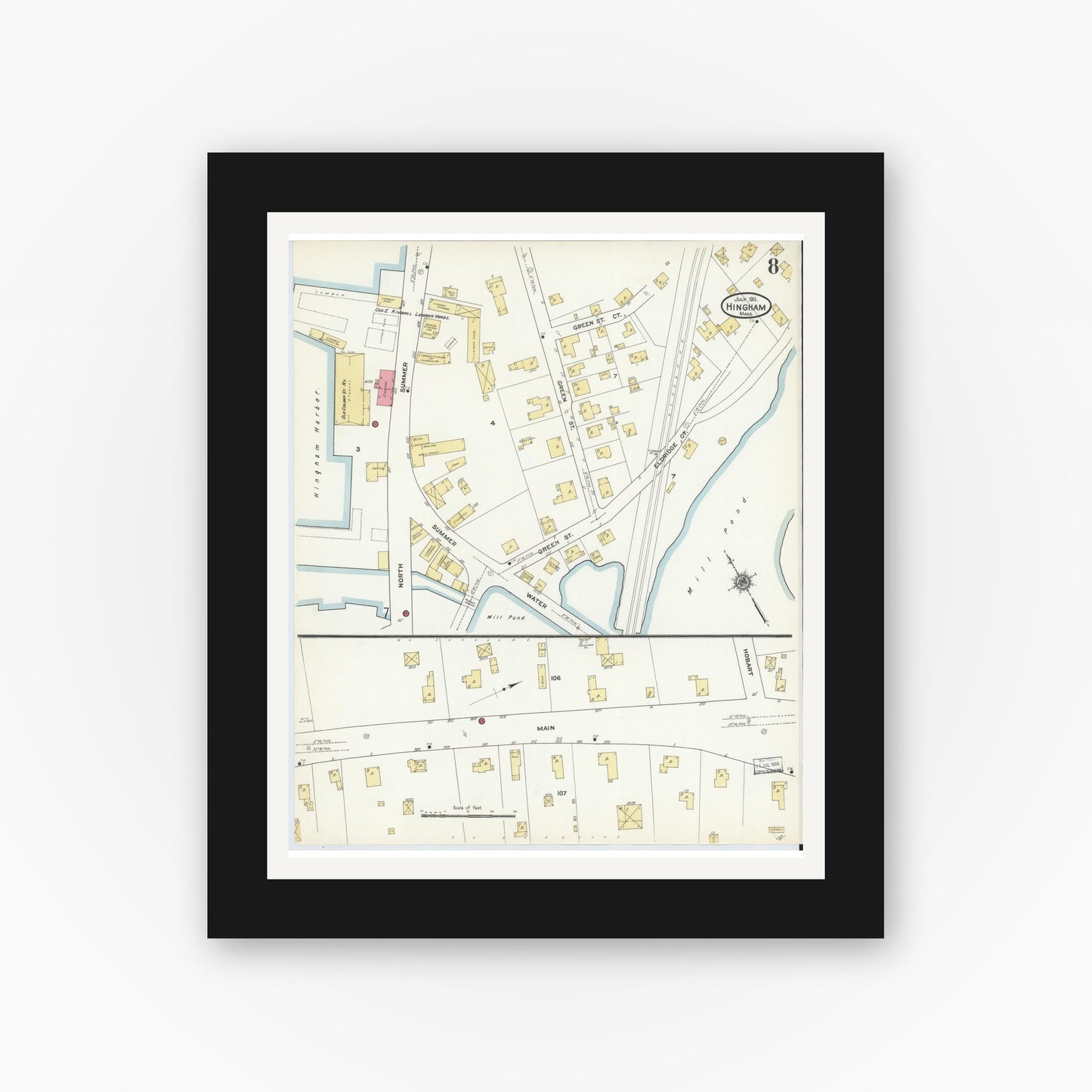 Old map wall art mockup — black gallery frame with white mat — Sanborn Fire Insurance Map from Hingham, Plymouth County, Massachusetts (1911), Sheet #0008