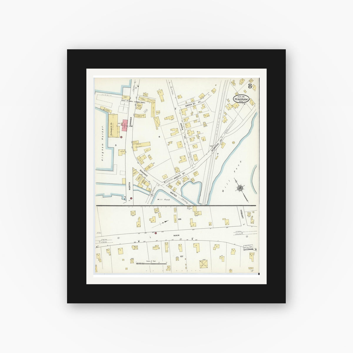 Old map wall art mockup — black gallery frame with white mat — Sanborn Fire Insurance Map from Hingham, Plymouth County, Massachusetts (1911), Sheet #0008