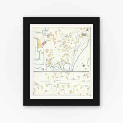 Old map wall art mockup — black gallery frame with white mat — Sanborn Fire Insurance Map from Hingham, Plymouth County, Massachusetts (1911), Sheet #0008