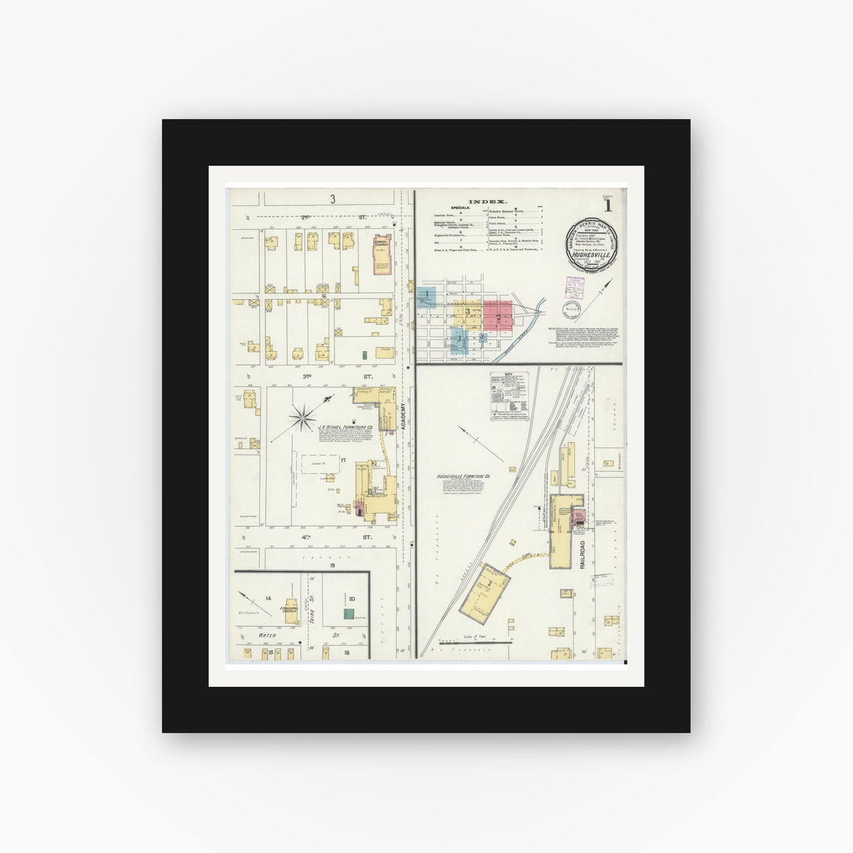 Old map wall art mockup — black gallery frame with white mat — Sanborn Fire Insurance Map from Hughesville, Lycoming County, Pennsylvania (1901), Sheet #0001