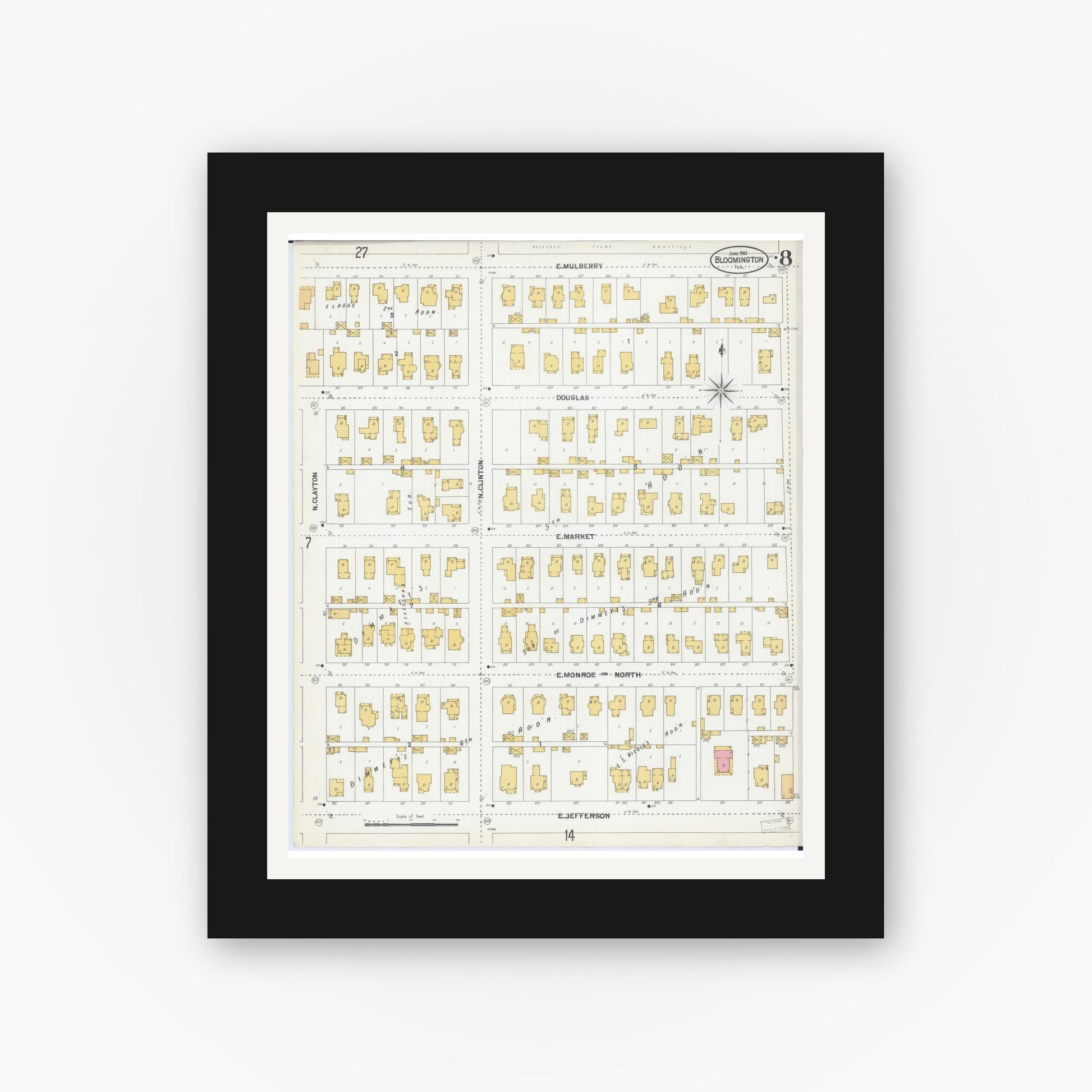 Old map wall art mockup — black gallery frame with white mat — Sanborn Fire Insurance Map from Bloomington, McLean County, Illinois (1901), Sheet #0008
