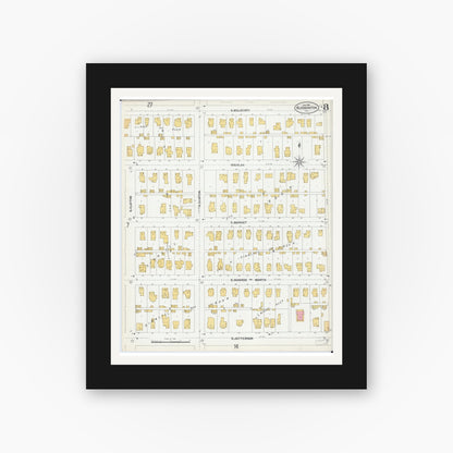 Old map wall art mockup — black gallery frame with white mat — Sanborn Fire Insurance Map from Bloomington, McLean County, Illinois (1901), Sheet #0008