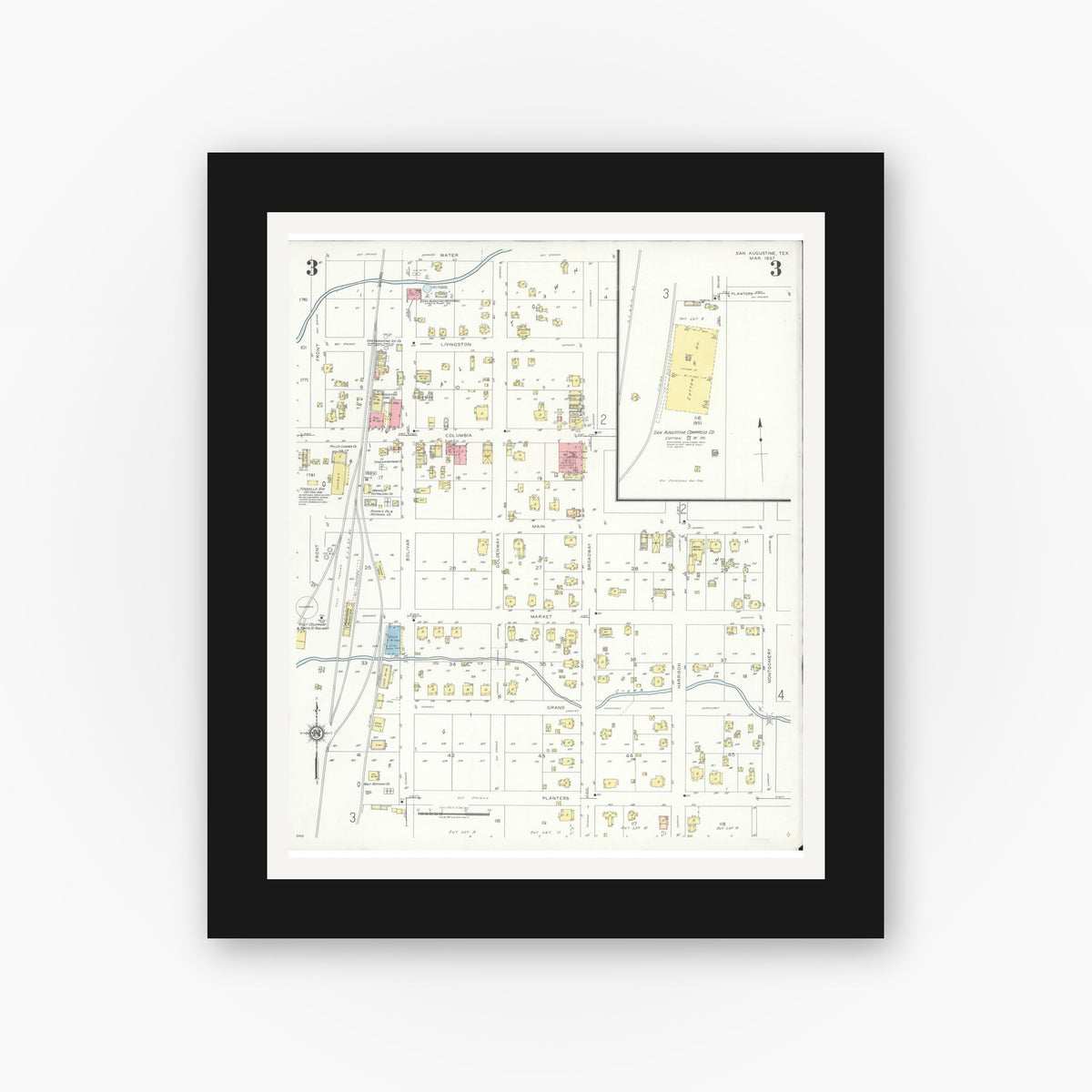 Old map wall art mockup — black gallery frame with white mat — Sanborn Fire Insurance Map from San Augustine, San Augustine County, Texas (1937), Sheet #0003