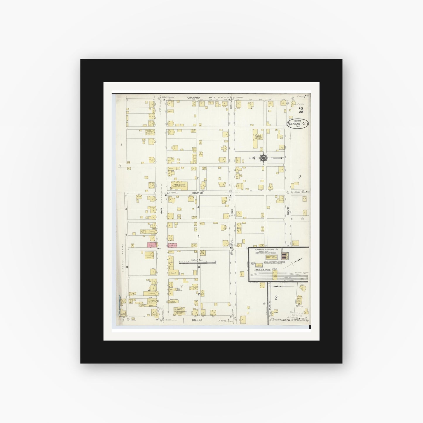 Old map wall art mockup — black gallery frame with white mat — Sanborn Fire Insurance Map from Pleasant City, Guernsey County, Ohio (1913), Sheet #0002