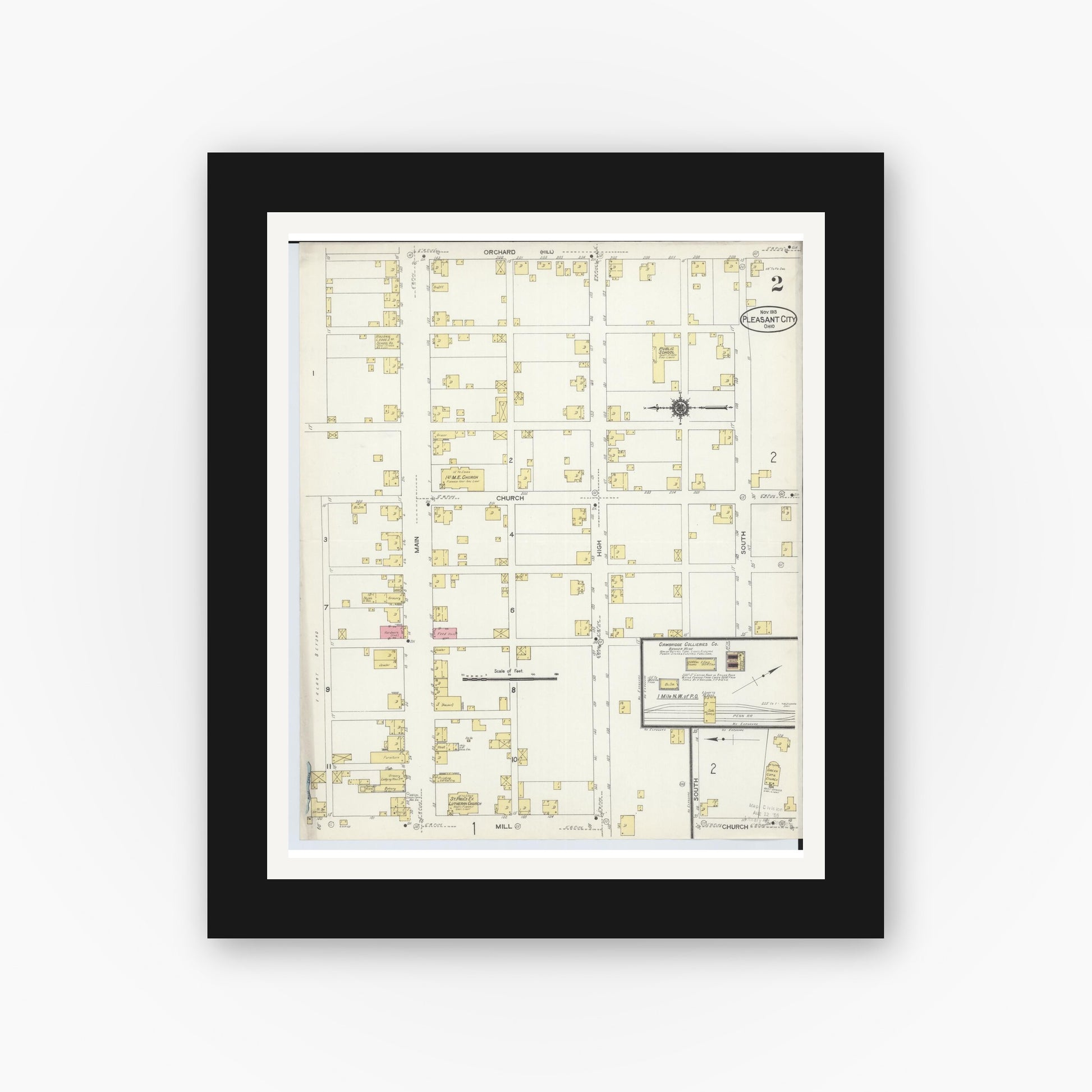 Old map wall art mockup — black gallery frame with white mat — Sanborn Fire Insurance Map from Pleasant City, Guernsey County, Ohio (1913), Sheet #0002