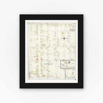 Old map wall art mockup — black gallery frame with white mat — Sanborn Fire Insurance Map from Pleasant City, Guernsey County, Ohio (1913), Sheet #0002