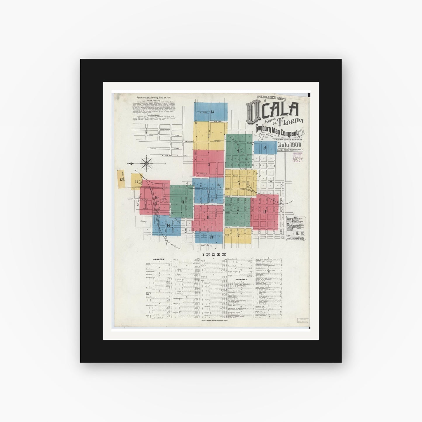 Old map wall art mockup — black gallery frame with white mat — Sanborn Fire Insurance Map from Ocala, Marion County, Florida (1906), Sheet #0001