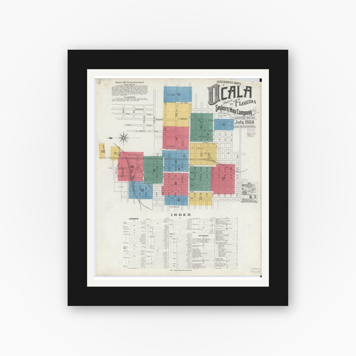 Old map wall art mockup — black gallery frame with white mat — Sanborn Fire Insurance Map from Ocala, Marion County, Florida (1906), Sheet #0001