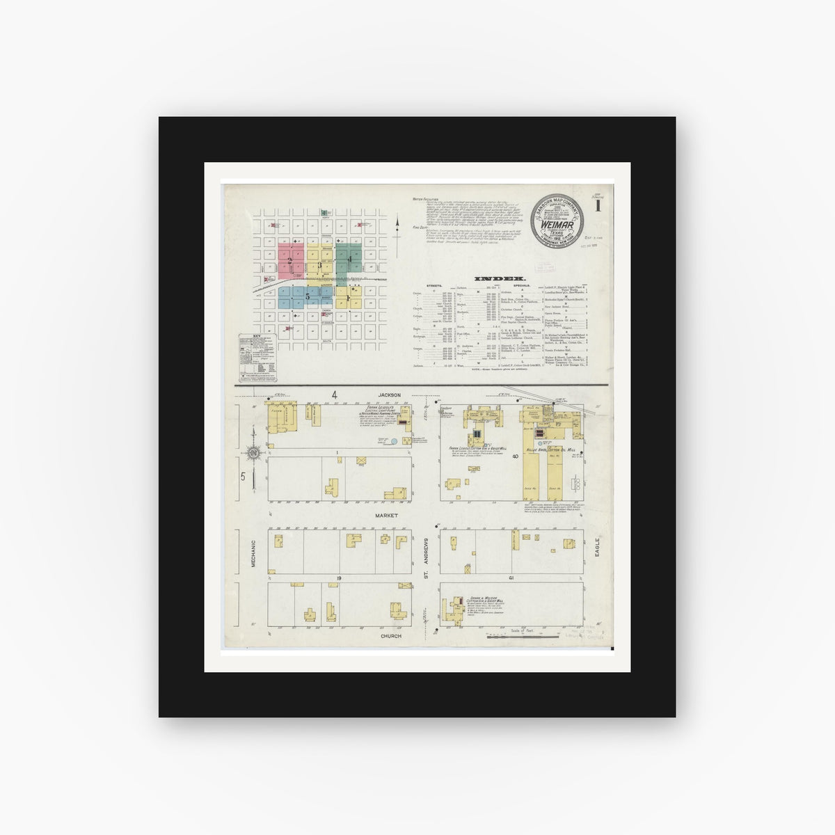 Old map wall art mockup — black gallery frame with white mat — Sanborn Fire Insurance Map from Weimar, Colorado County, Texas (1912) - Complete Map Set