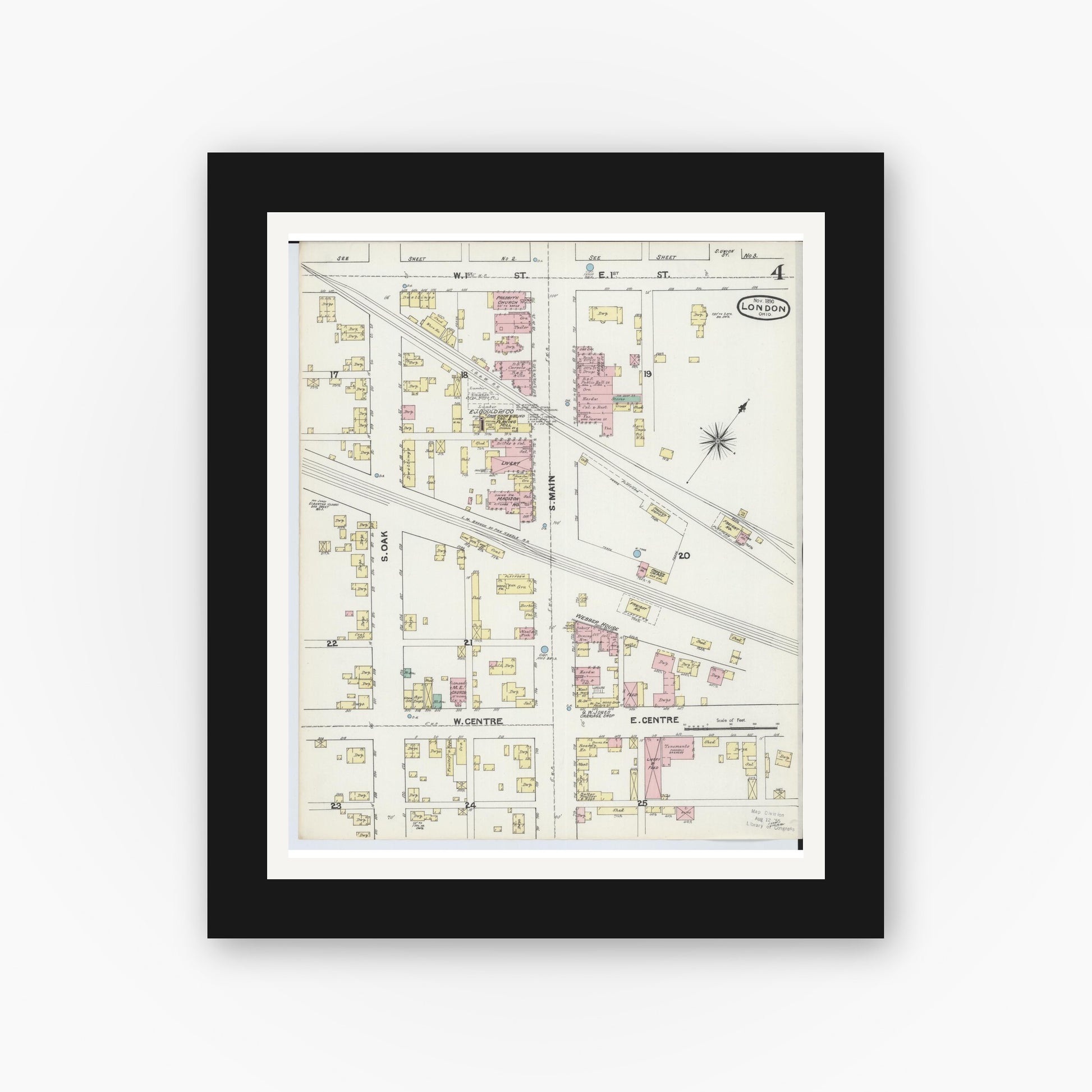 Old map wall art mockup — black gallery frame with white mat — Sanborn Fire Insurance Map from London, Madison County, Ohio (1890), Sheet #0004