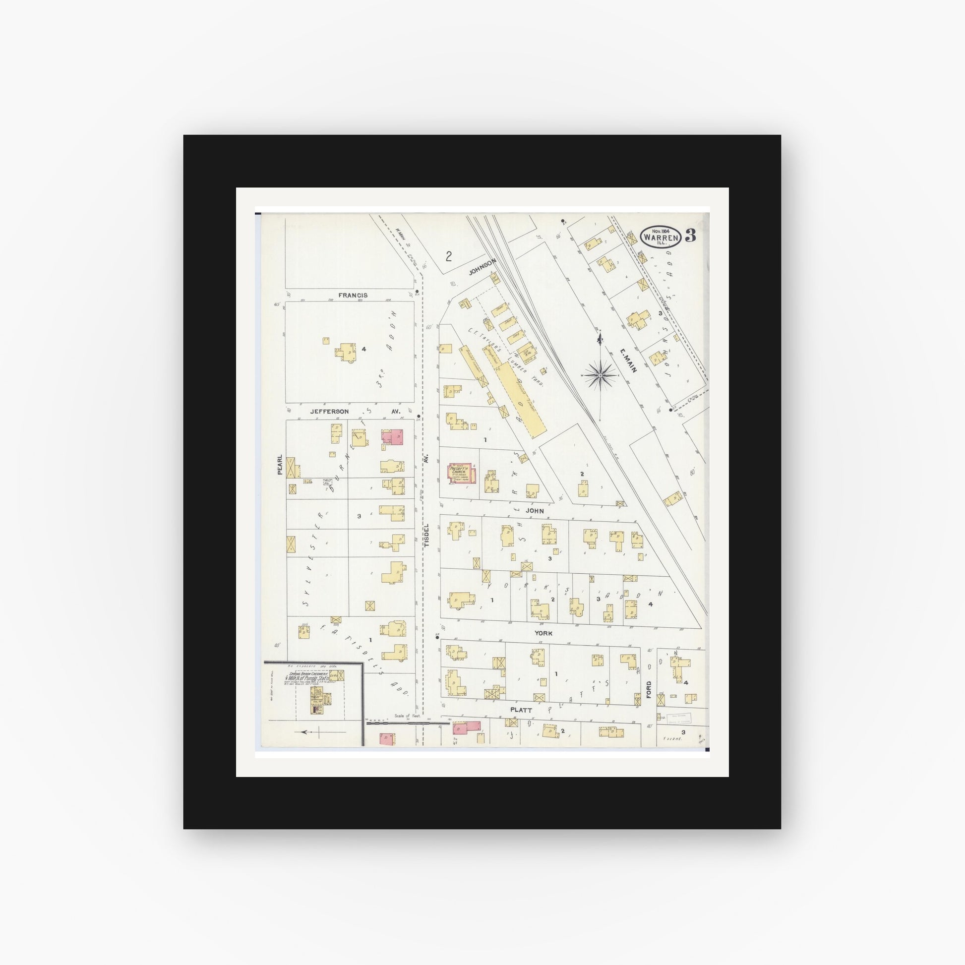 Old map wall art mockup — black gallery frame with white mat — Sanborn Fire Insurance Map from Warren, Jo Daviess County, Illinois (1904), Sheet #0003