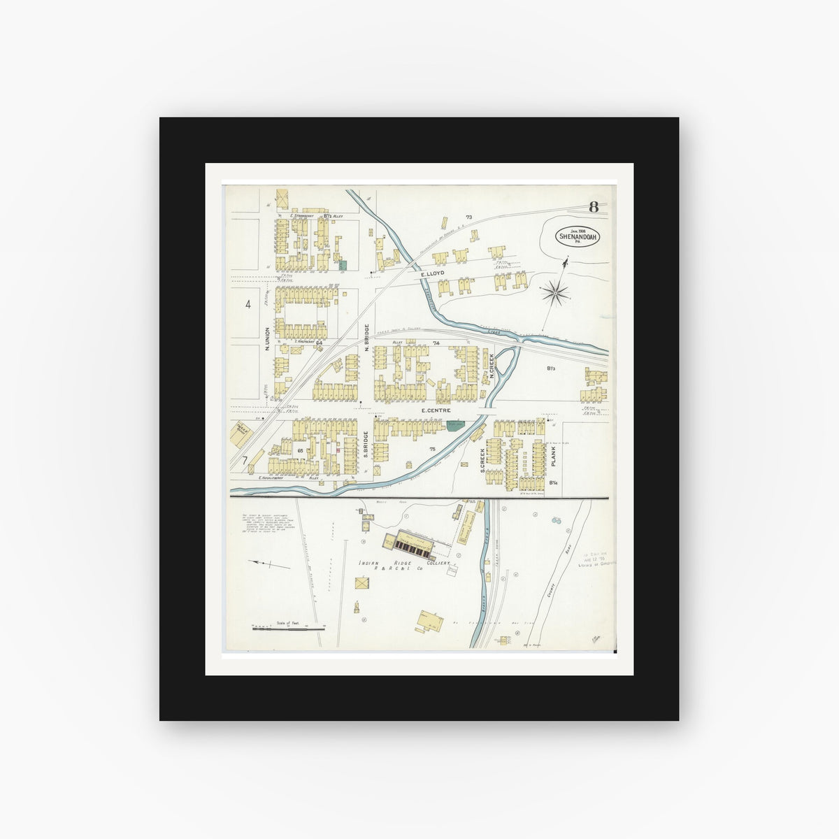 Old map wall art mockup — black gallery frame with white mat — Sanborn Fire Insurance Map from Shenandoah, Schuylkill County, Pennsylvania (1908), Sheet #0008