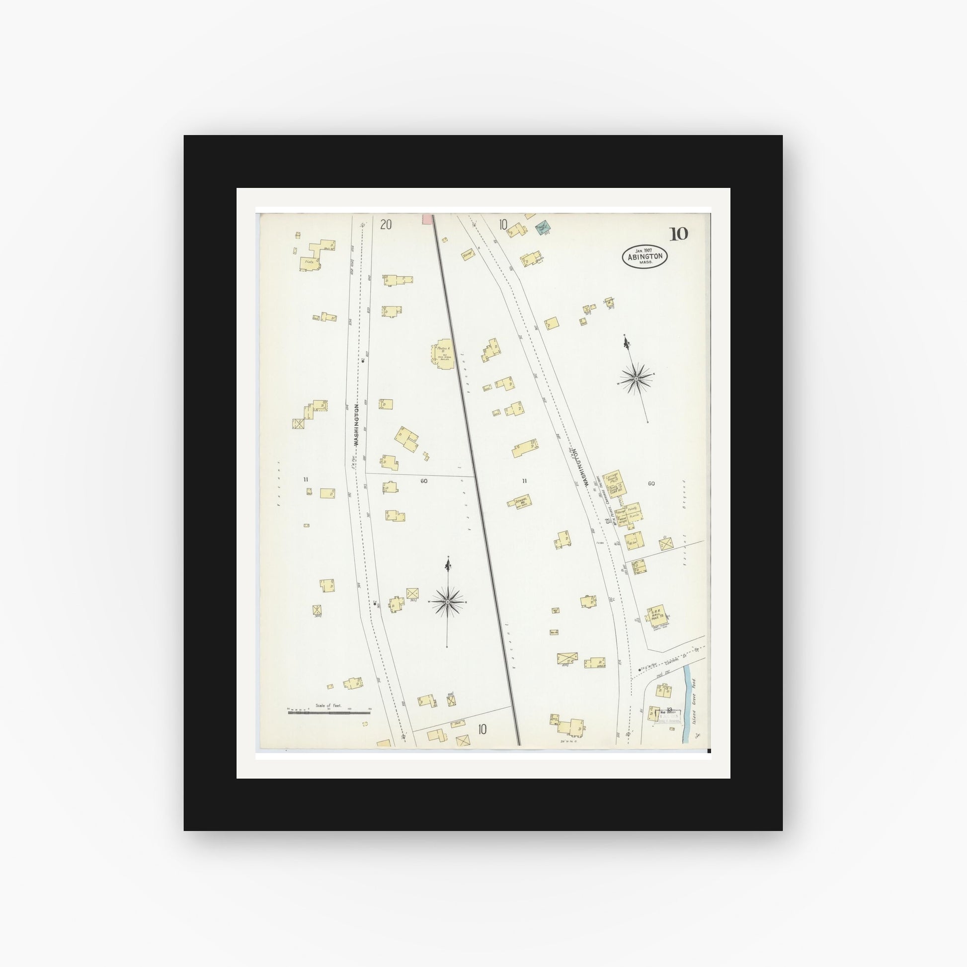 Old map wall art mockup — black gallery frame with white mat — Sanborn Fire Insurance Map from Abington, Plymouth County, Massachusetts (1907), Sheet #0010
