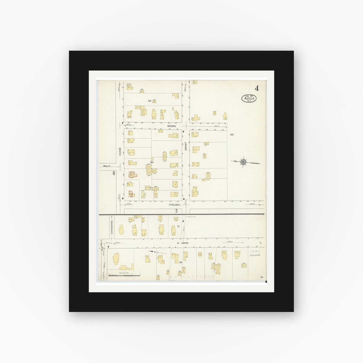 Old map wall art mockup — black gallery frame with white mat — Sanborn Fire Insurance Map from Avoca, Steuben County, New York (1913), Sheet #0004