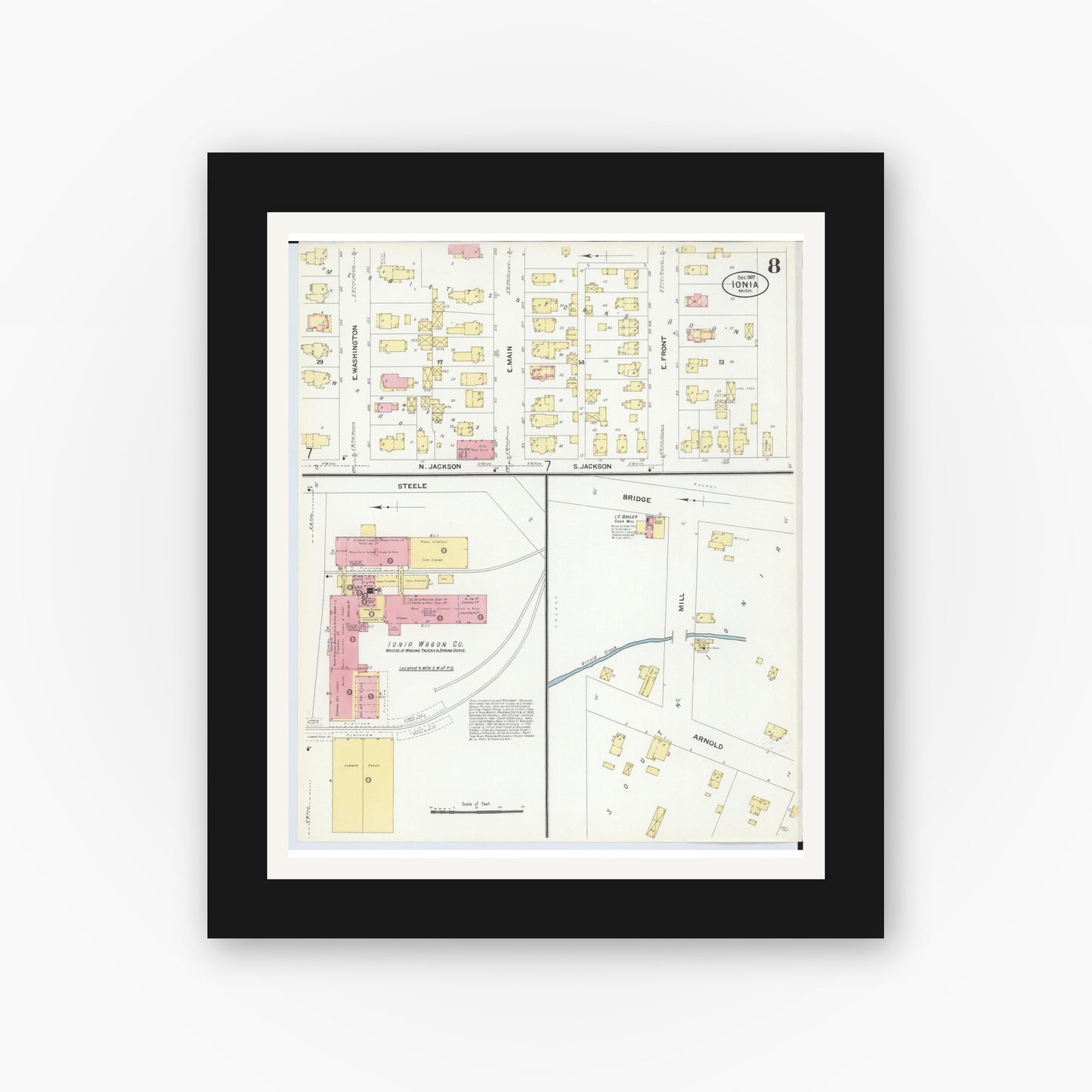 Old map wall art mockup — black gallery frame with white mat — Sanborn Fire Insurance Map from Ionia, Ionia County, Michigan (1907), Sheet #0008