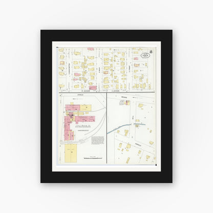 Old map wall art mockup — black gallery frame with white mat — Sanborn Fire Insurance Map from Ionia, Ionia County, Michigan (1907), Sheet #0008