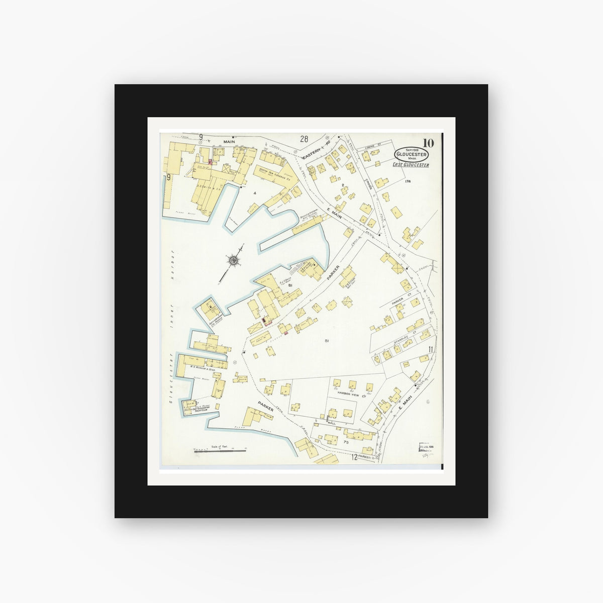 Old map wall art mockup — black gallery frame with white mat — Sanborn Fire Insurance Map from Gloucester, Essex County, Massachusetts (1909), Sheet #0010