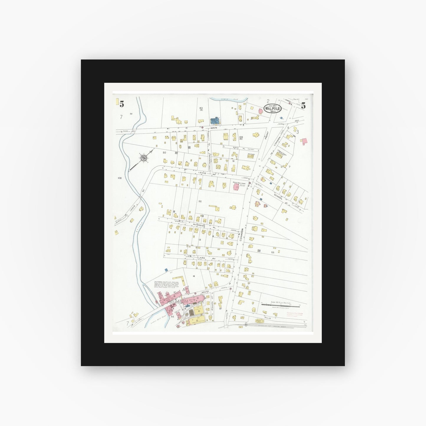 Old map wall art mockup — black gallery frame with white mat — Sanborn Fire Insurance Map from Walpole, Norfolk County, Massachusetts (1927), Sheet #0005