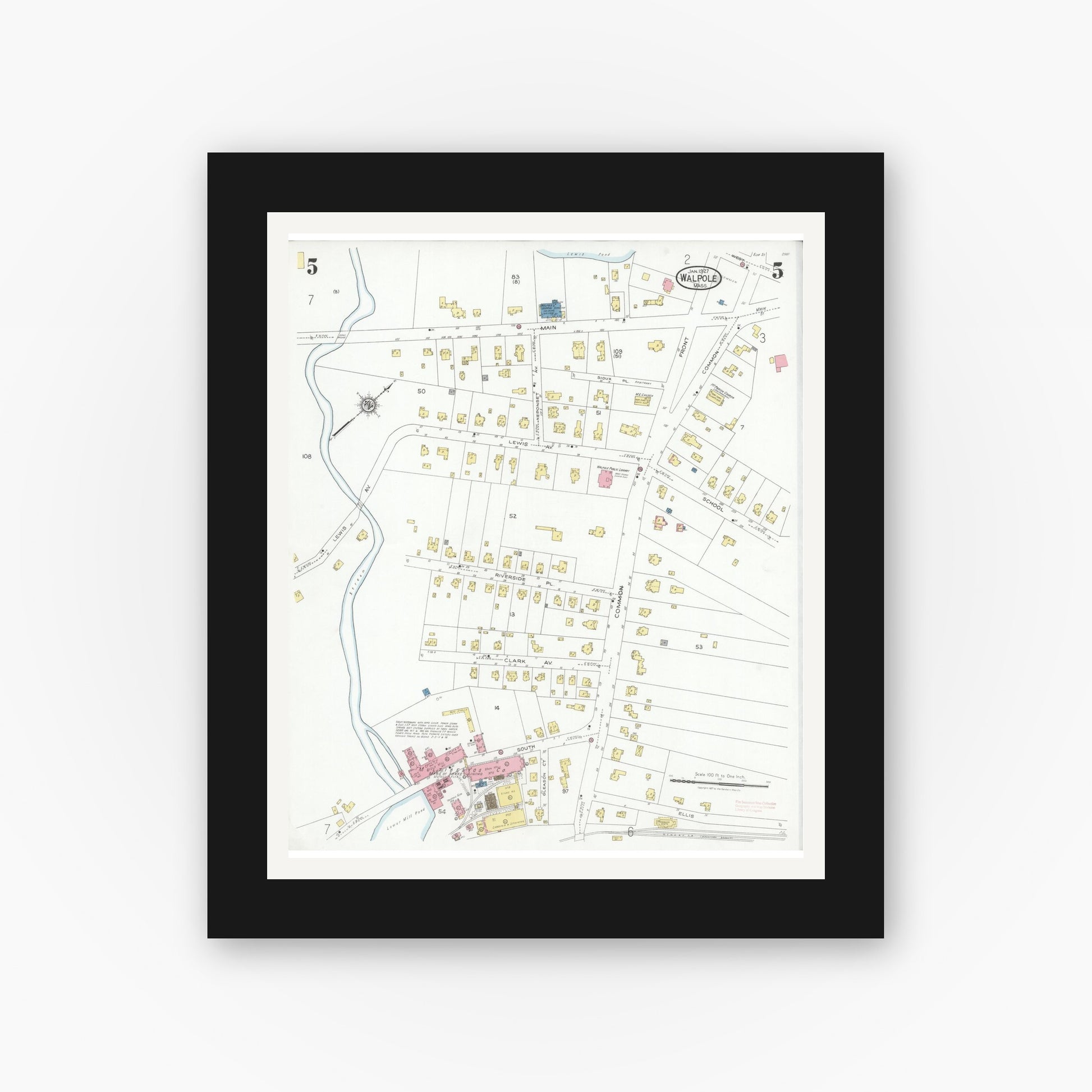 Old map wall art mockup — black gallery frame with white mat — Sanborn Fire Insurance Map from Walpole, Norfolk County, Massachusetts (1927), Sheet #0005