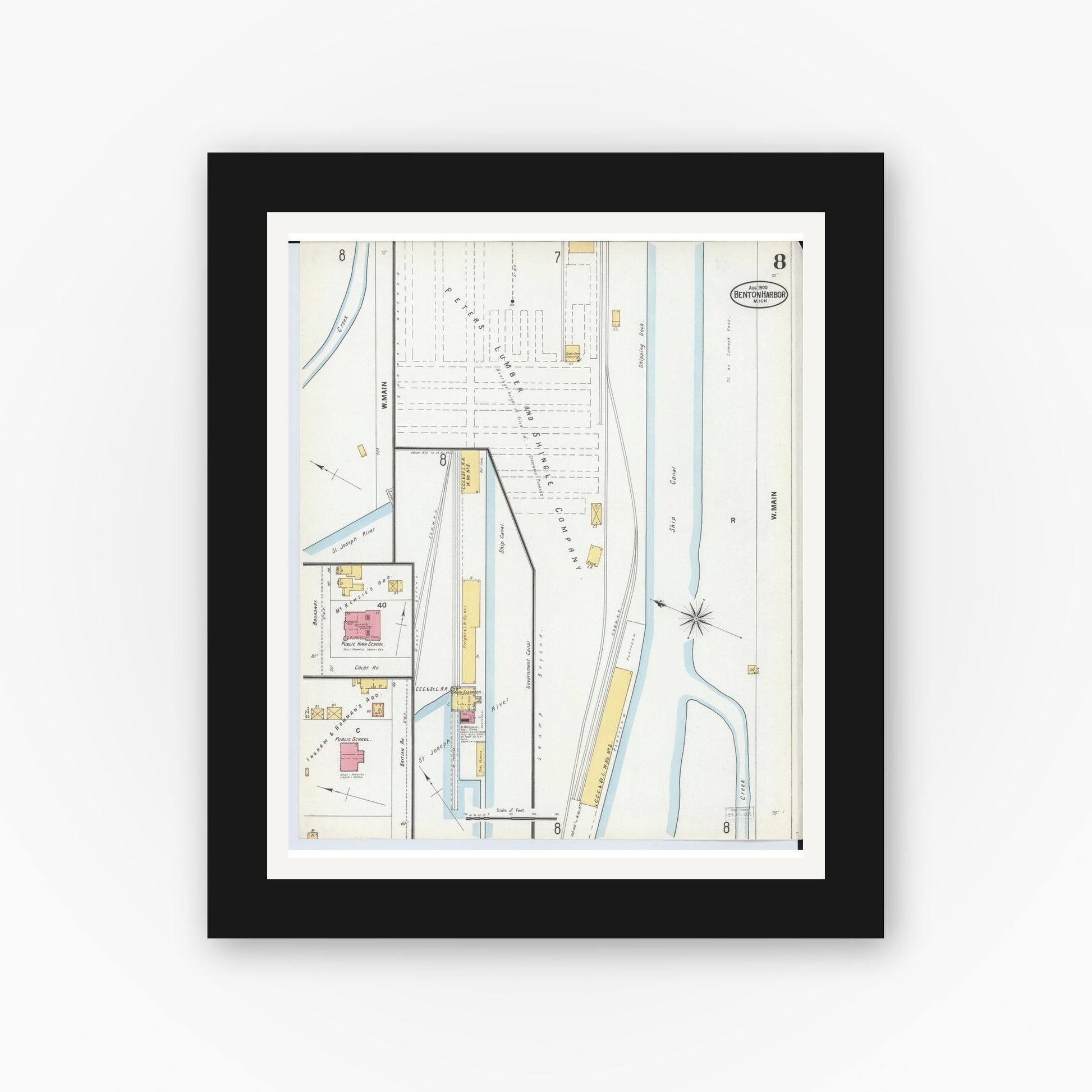 Old map wall art mockup — black gallery frame with white mat — Sanborn Fire Insurance Map from Benton Harbor, Berrien County, Michigan (1900), Sheet #0008