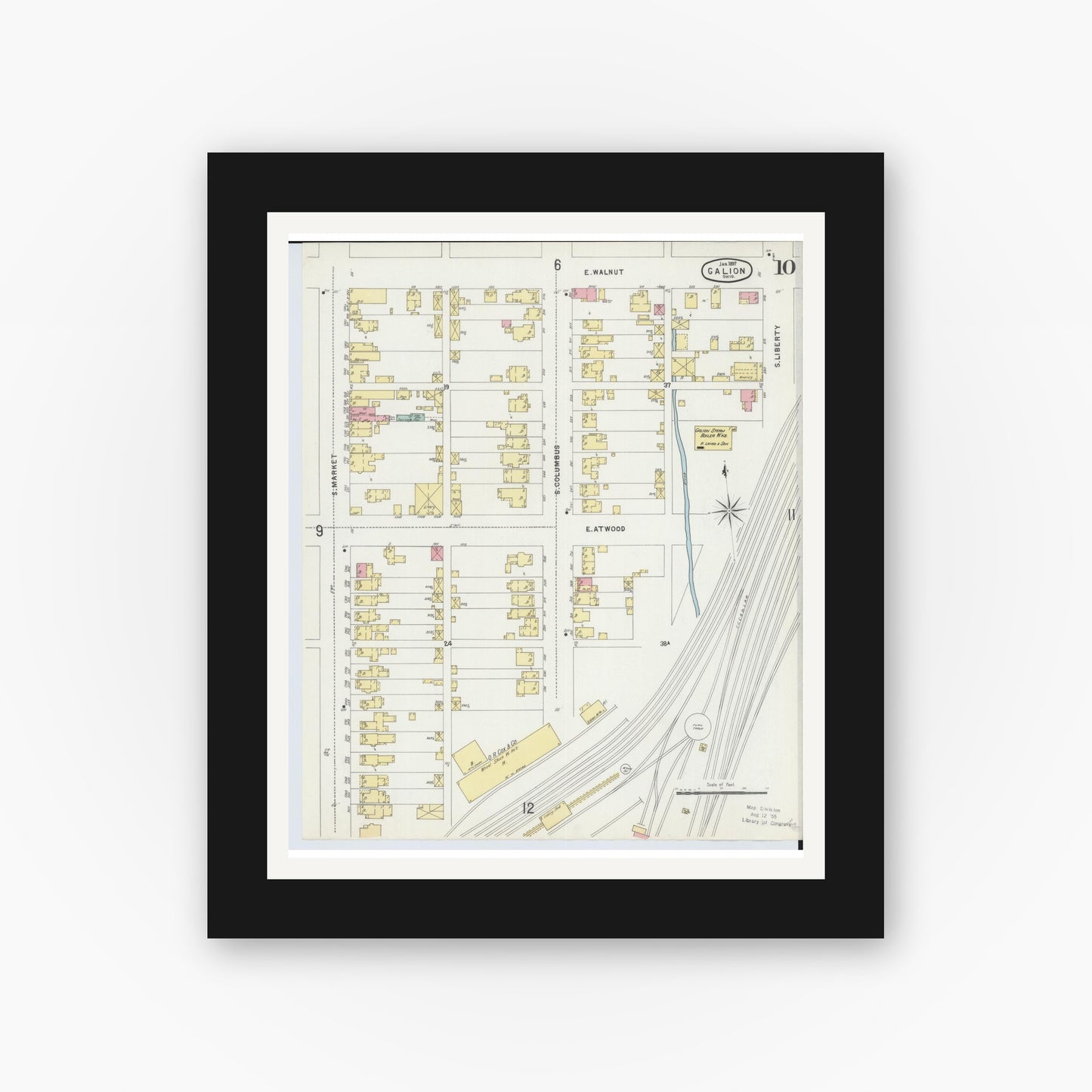 Old map wall art mockup — black gallery frame with white mat — Sanborn Fire Insurance Map from Galion, Crawford County, Ohio (1897), Sheet #0010