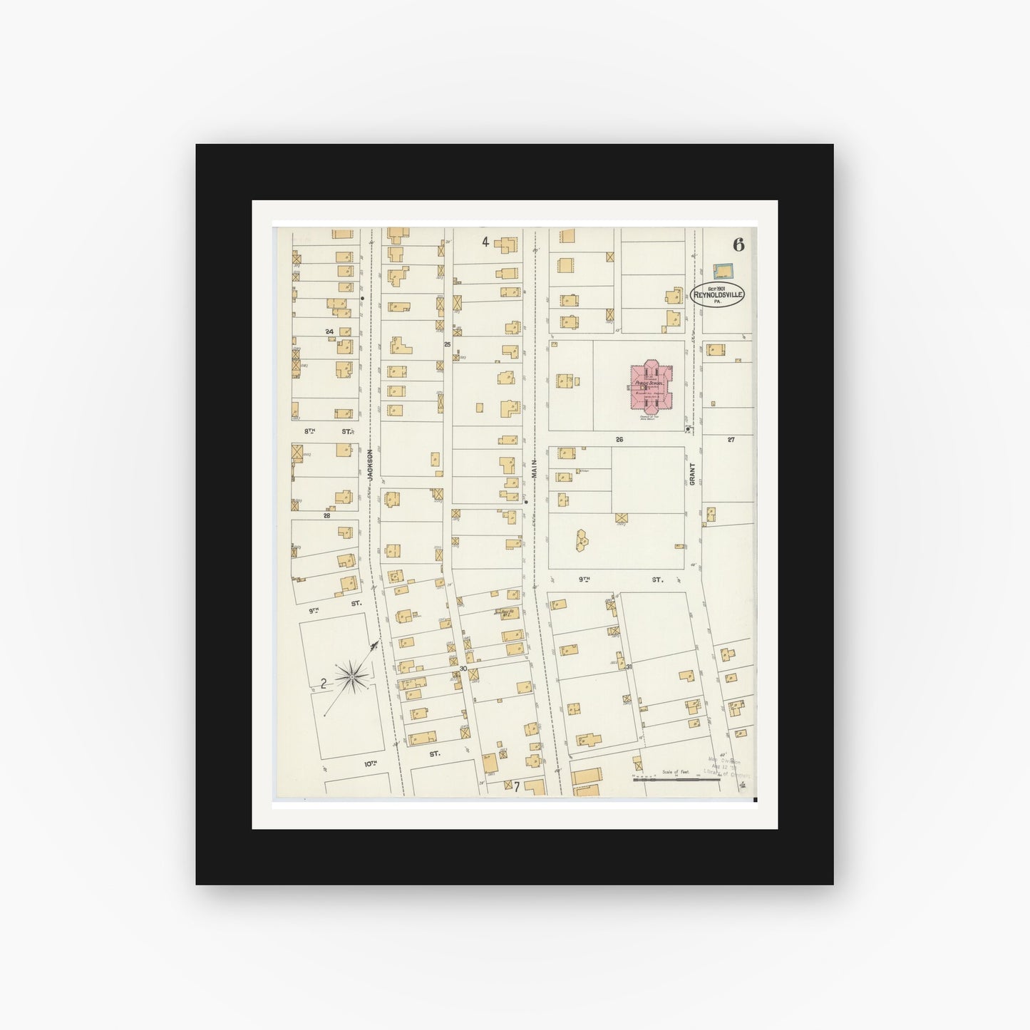 Old map wall art mockup — black gallery frame with white mat — Sanborn Fire Insurance Map from Reynoldsville, Jefferson County, Pennsylvania (1901), Sheet #0006