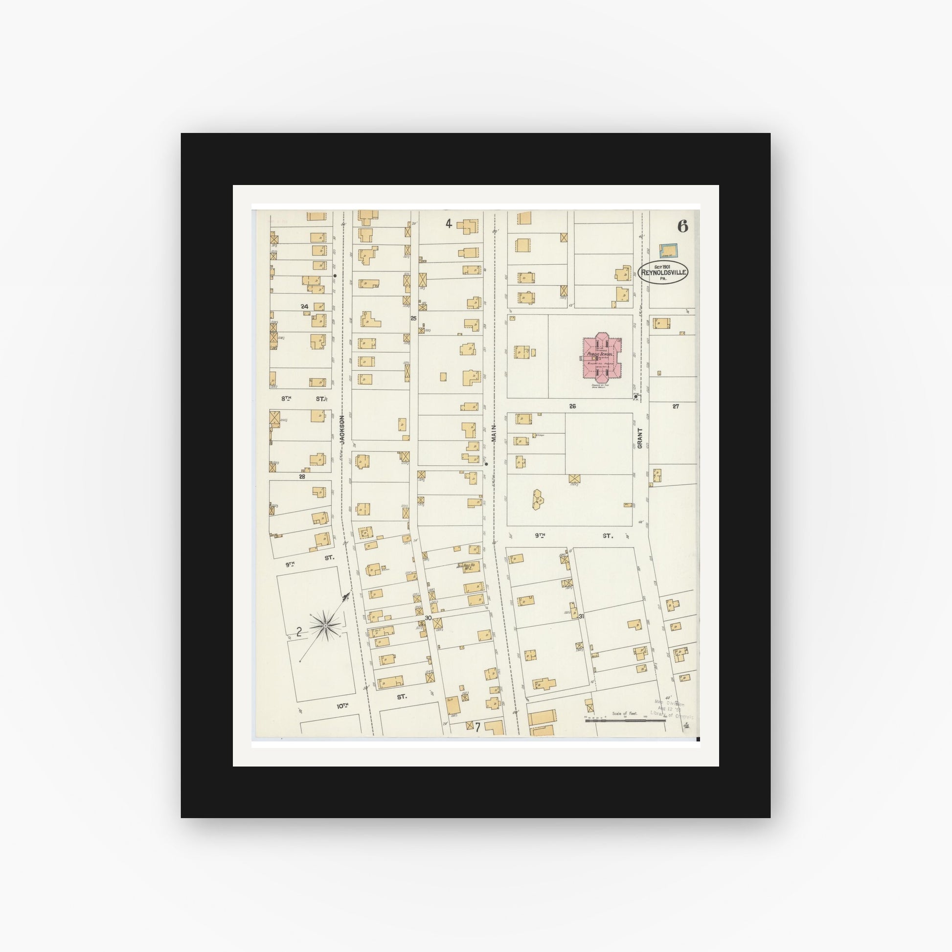 Old map wall art mockup — black gallery frame with white mat — Sanborn Fire Insurance Map from Reynoldsville, Jefferson County, Pennsylvania (1901), Sheet #0006