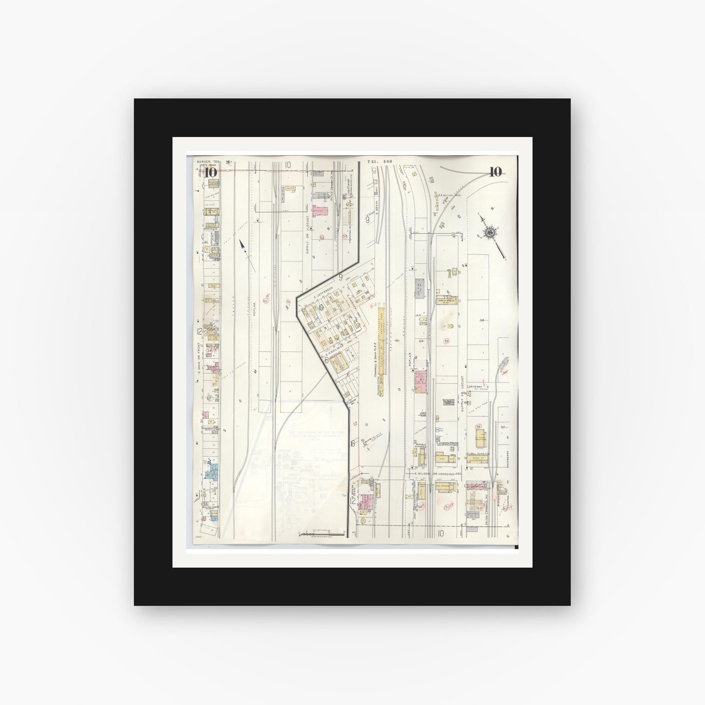 Old map wall art mockup — black gallery frame with white mat — Sanborn Fire Insurance Map from Borger, Hutchinson County, Texas (1950), Sheet #0010