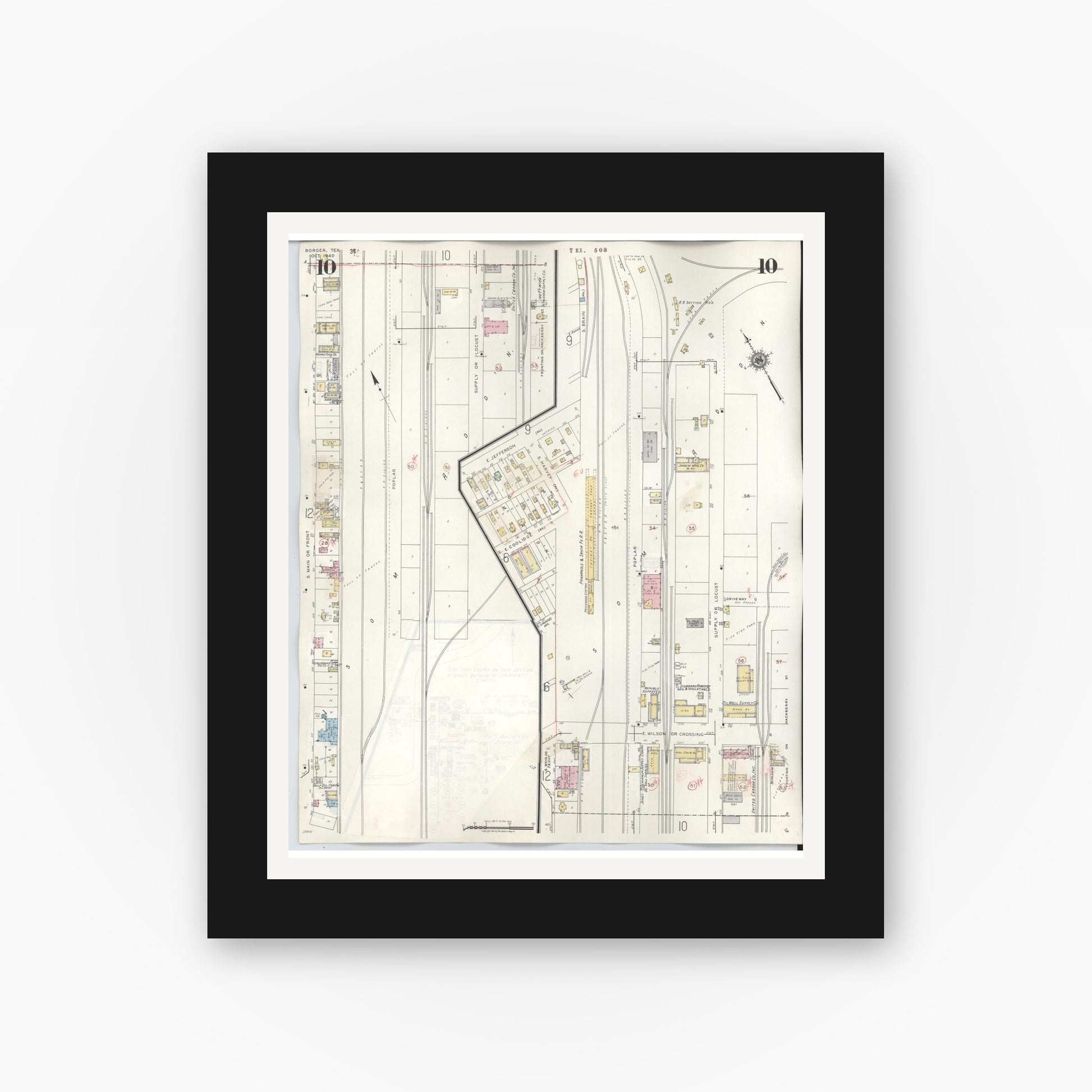 Old map wall art mockup — black gallery frame with white mat — Sanborn Fire Insurance Map from Borger, Hutchinson County, Texas (1950), Sheet #0010