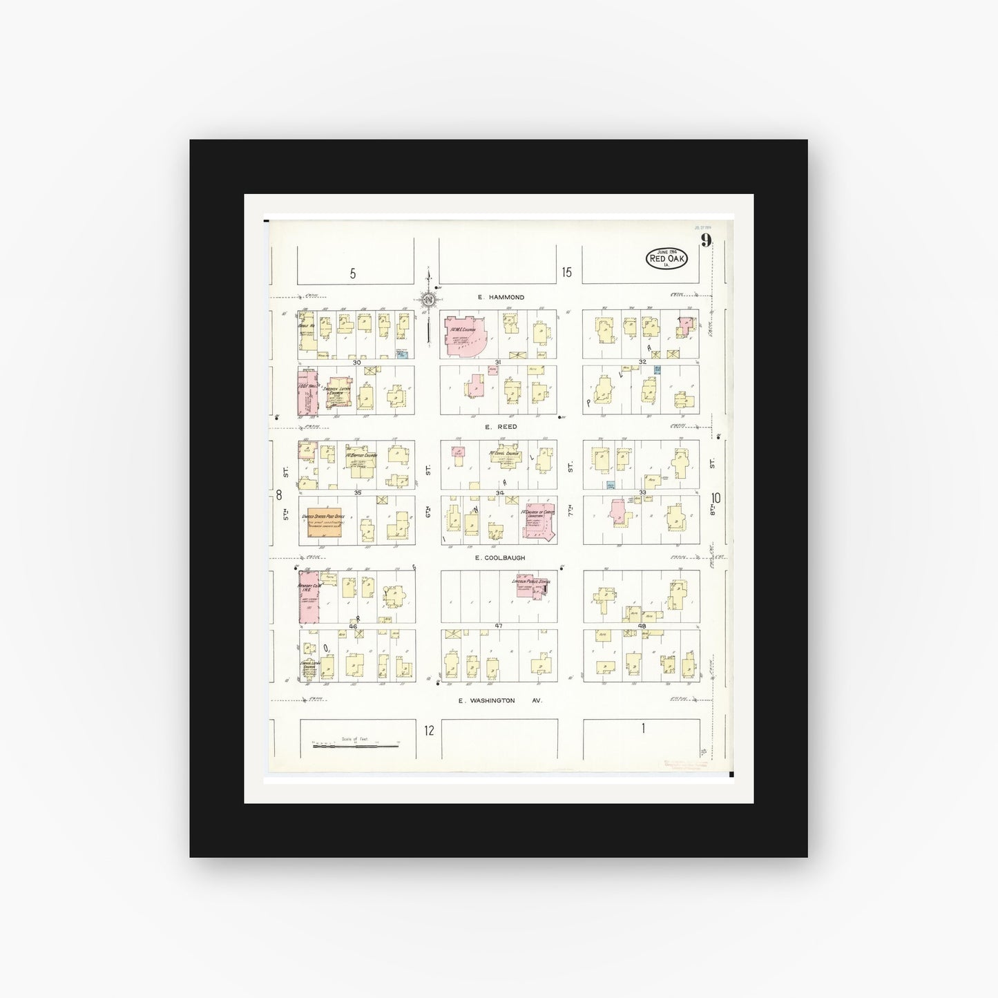 Old map wall art mockup — black gallery frame with white mat — Sanborn Fire Insurance Map from Red Oak, Montgomery County, Iowa (1914), Sheet #0009