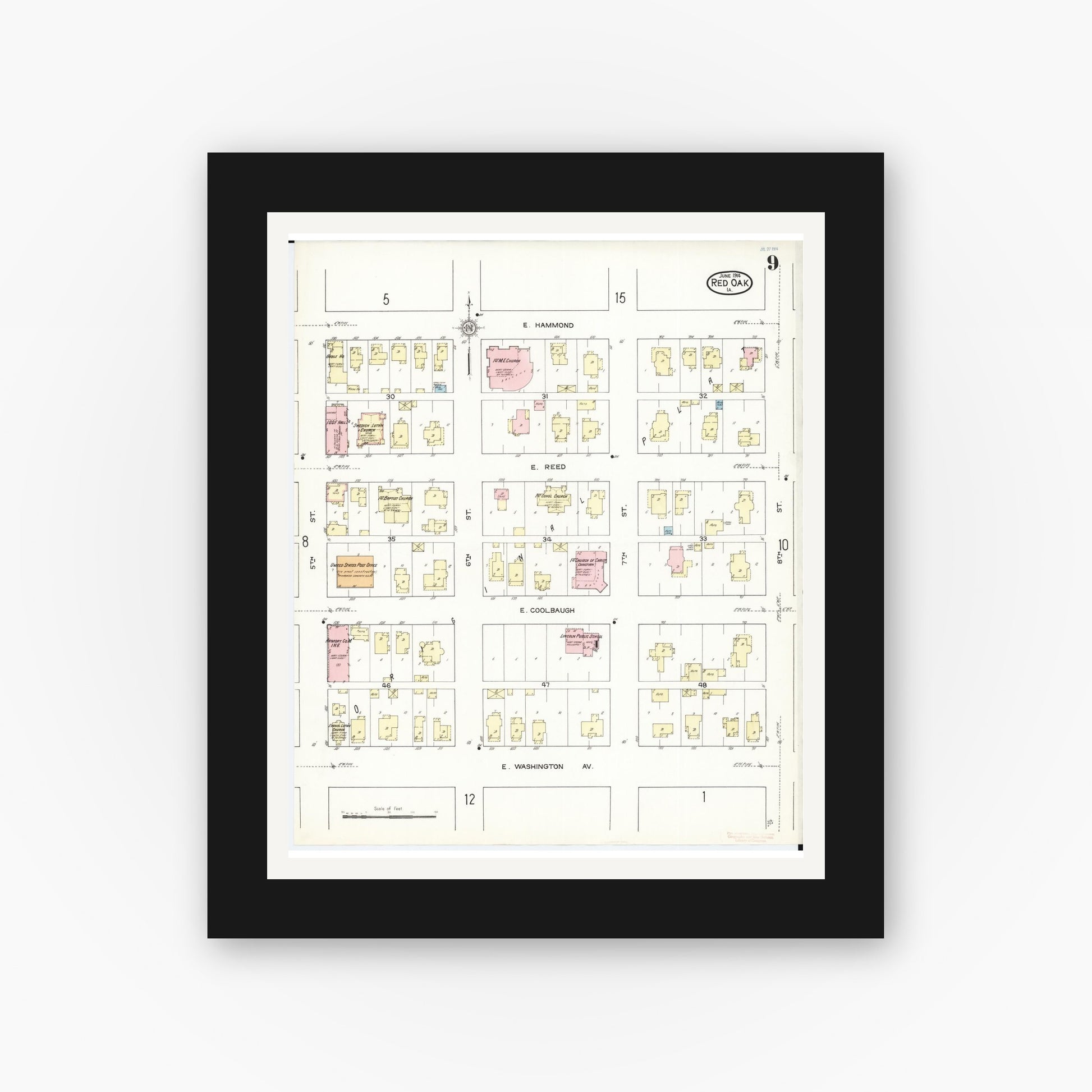Old map wall art mockup — black gallery frame with white mat — Sanborn Fire Insurance Map from Red Oak, Montgomery County, Iowa (1914), Sheet #0009