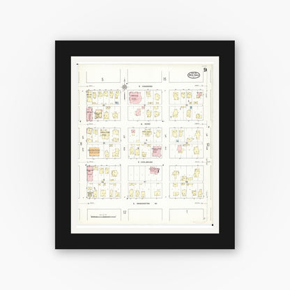 Old map wall art mockup — black gallery frame with white mat — Sanborn Fire Insurance Map from Red Oak, Montgomery County, Iowa (1914), Sheet #0009